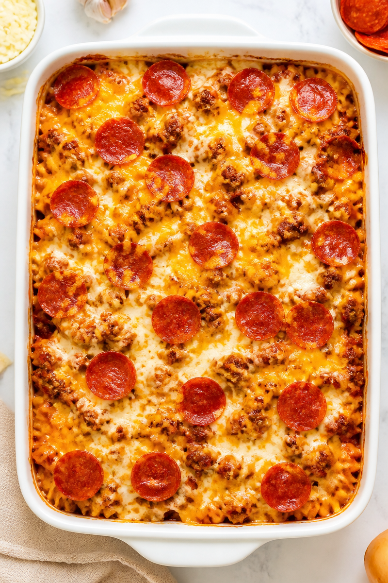 Meat Lovers Pizza Casserole with Pepperoni and Sausage Meat Lovers Pizza Casserole with Pepperoni and Sausage