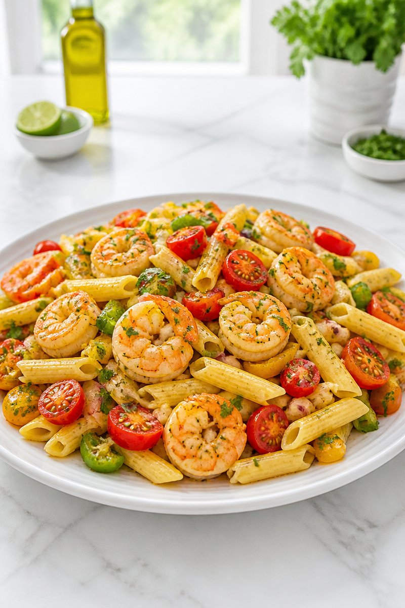 Jamaican Rasta Pasta Salad with Shrimp and Bell Peppers