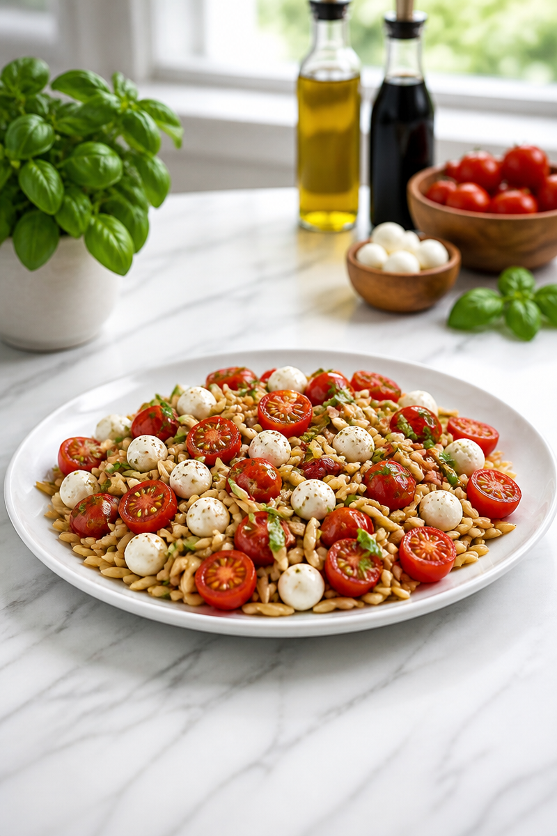 Quick 20-Minute Balsamic Orzo Salad with Mozzarella Pearls