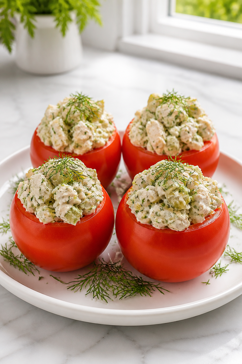 Creamy Dill Pickle Chicken Salad Stuffed Tomatoes