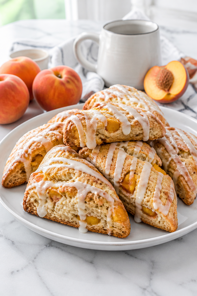 Sourdough Discard Peach Cobbler Scones with Vanilla Drizzle