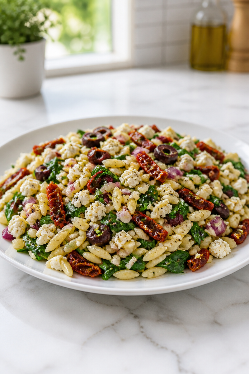 Orzo Pasta Salad with Feta, Sun-Dried Tomatoes, and Spinach
