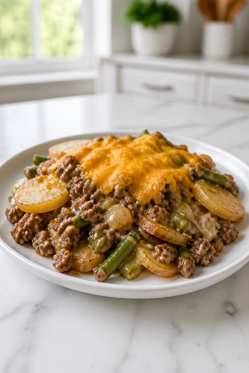 Ground Beef and Potato Casserole with Green Beans