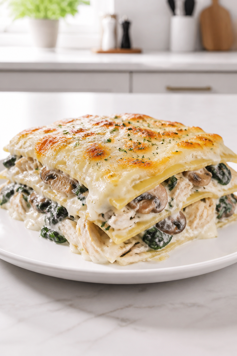 Creamy Chicken Alfredo Lasagna with Mushroom and Spinach