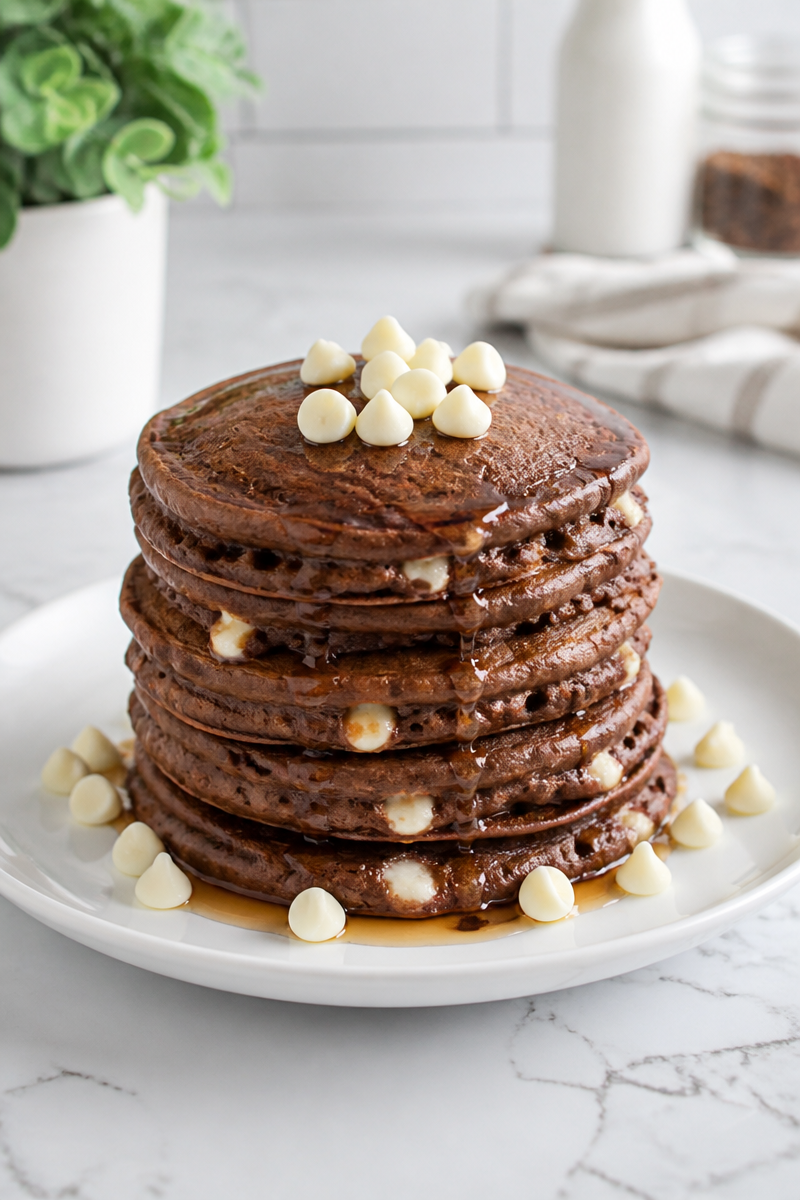 Fluffy Chocolate Pancakes with White Chocolate Chips