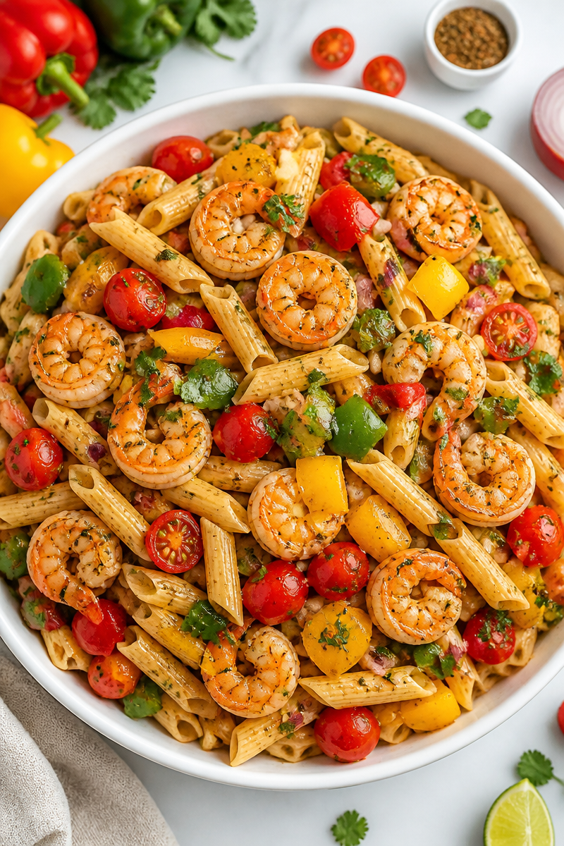 Jamaican Rasta Pasta Salad with Shrimp and Bell Peppers