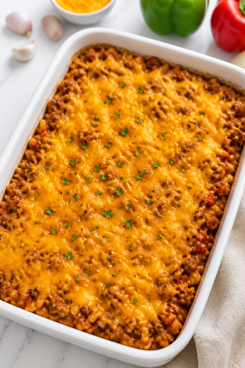 30-Minute Sloppy Joe Ground Turkey Casserole with Cheddar