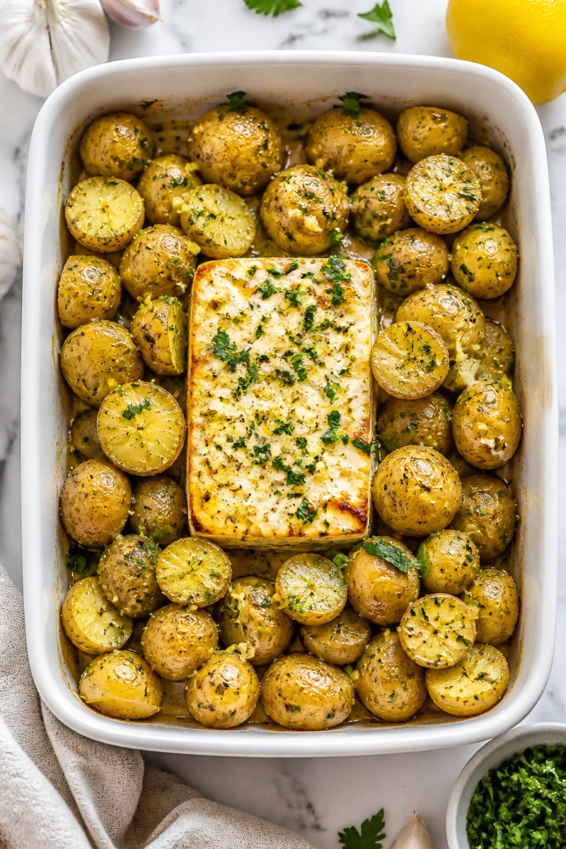 Baked Feta Potatoes with Lemon and Garlic Butter