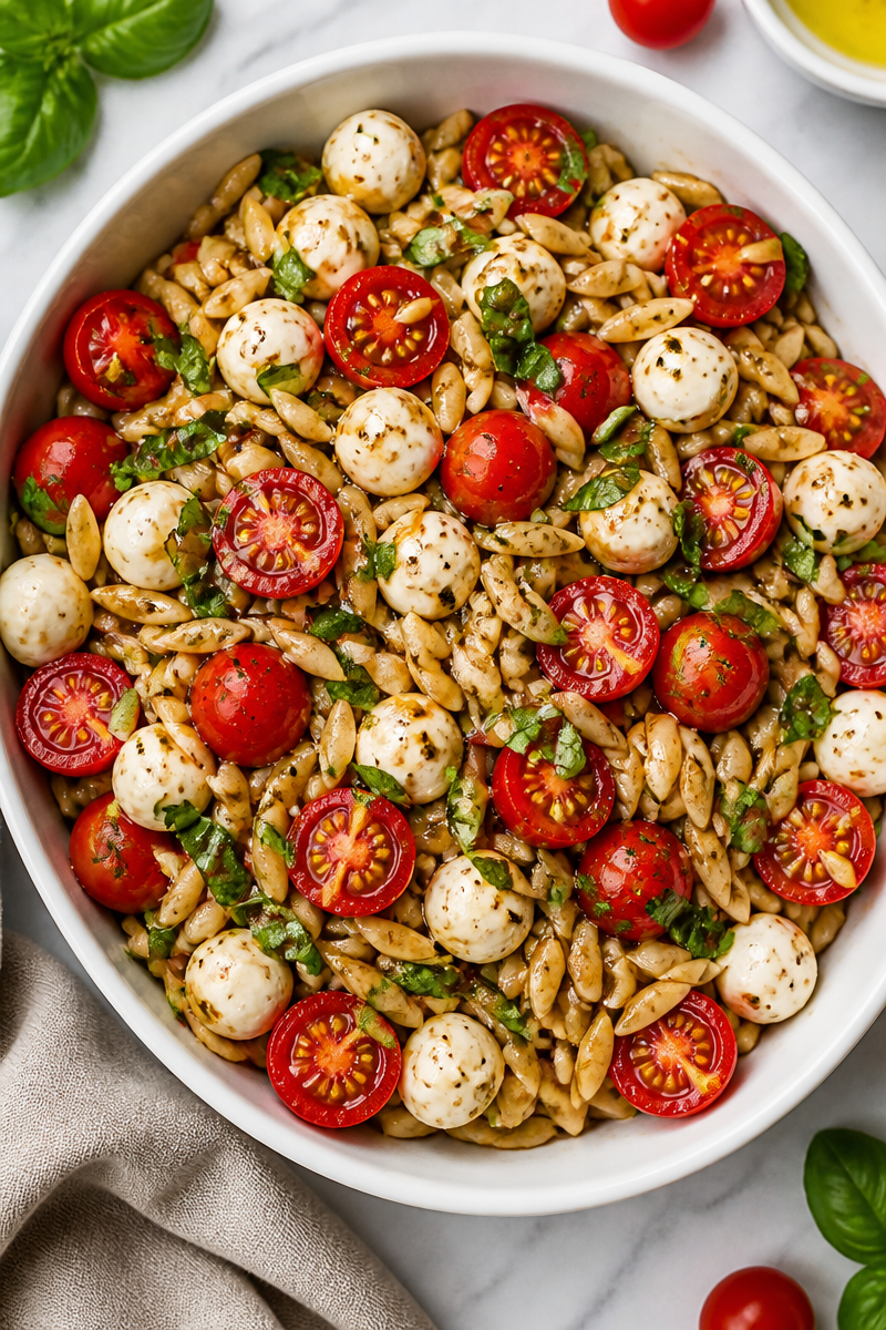 Quick 20-Minute Balsamic Orzo Salad with Mozzarella Pearls