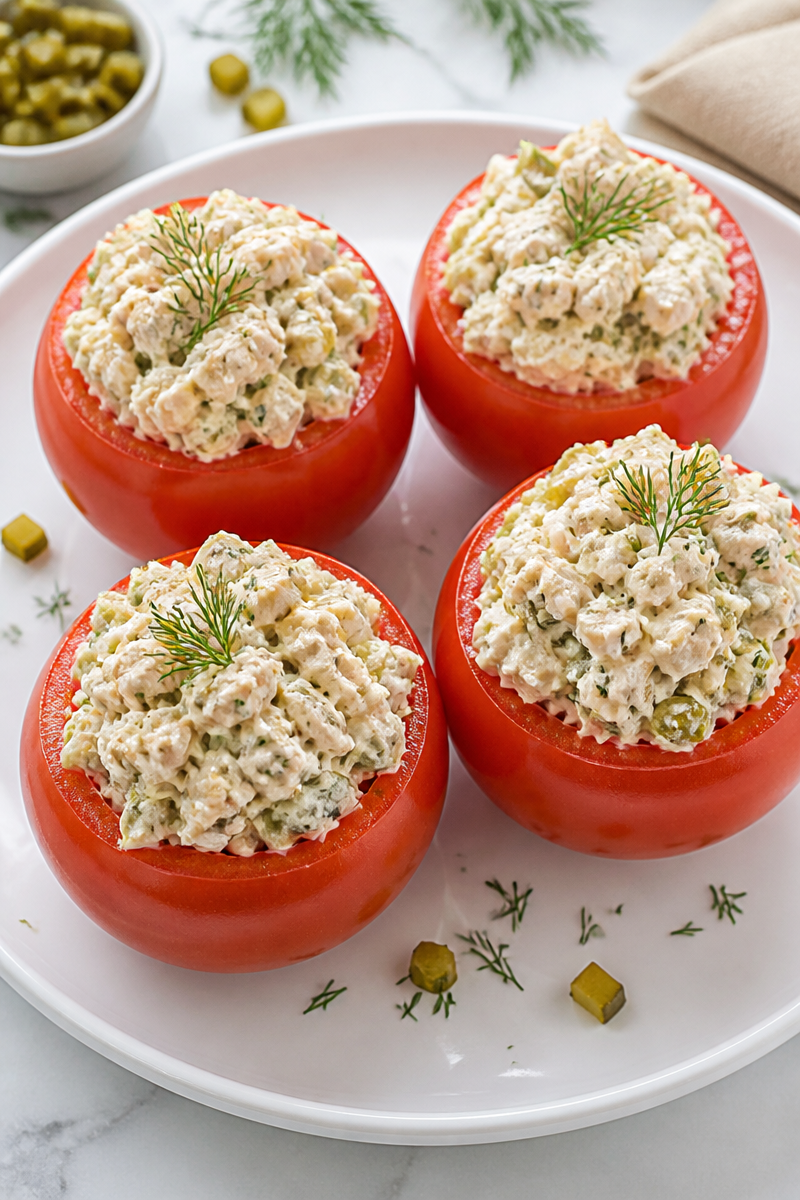 Creamy Dill Pickle Chicken Salad Stuffed Tomatoes