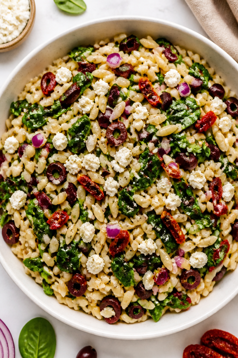 Orzo Pasta Salad with Feta, Sun-Dried Tomatoes, and Spinach