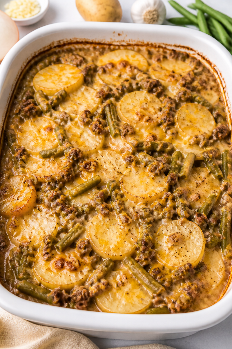 Ground Beef and Potato Casserole with Green Beans