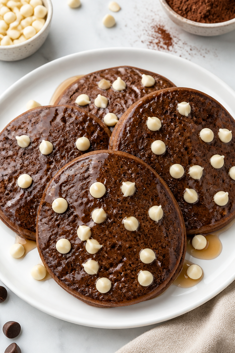 Fluffy Chocolate Pancakes with White Chocolate Chips