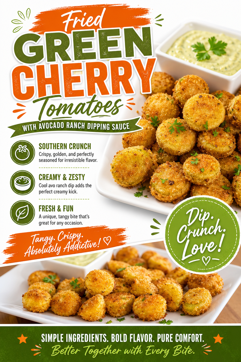 Fried Green Cherry Tomatoes with Avocado Ranch Dip