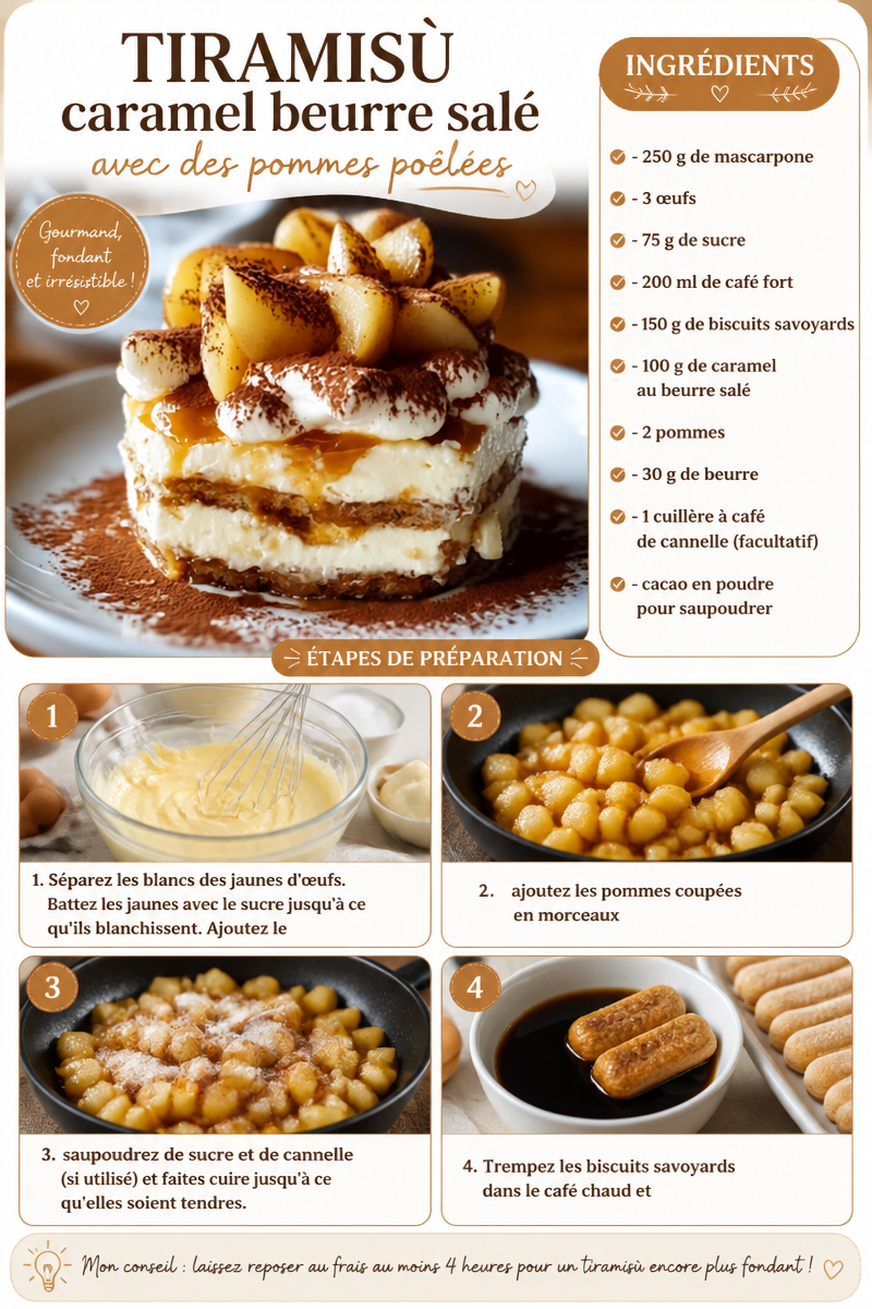 Tiramisù caramel beurre salé avec des pommes poêlées