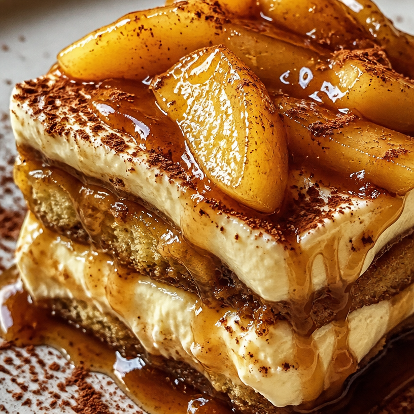Tiramisù caramel beurre salé avec des pommes poêlées