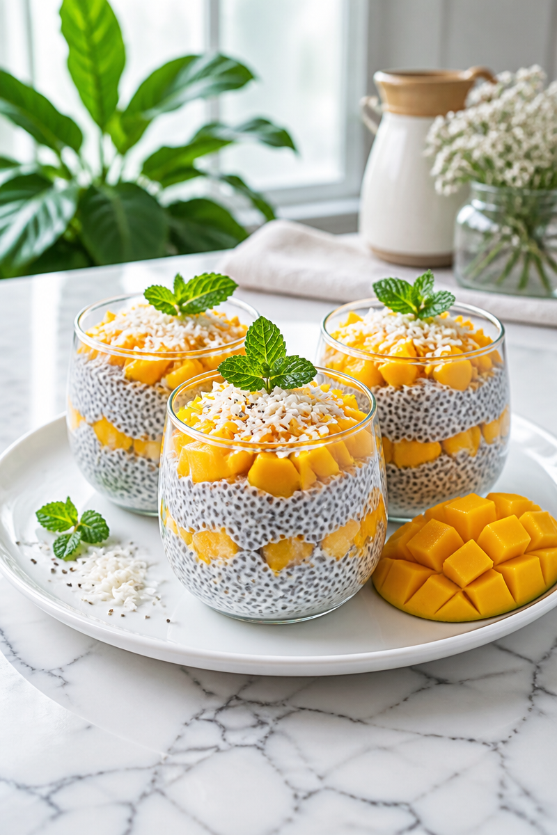 Healthy Chia Seed Pudding with Fresh Mango and Coconut