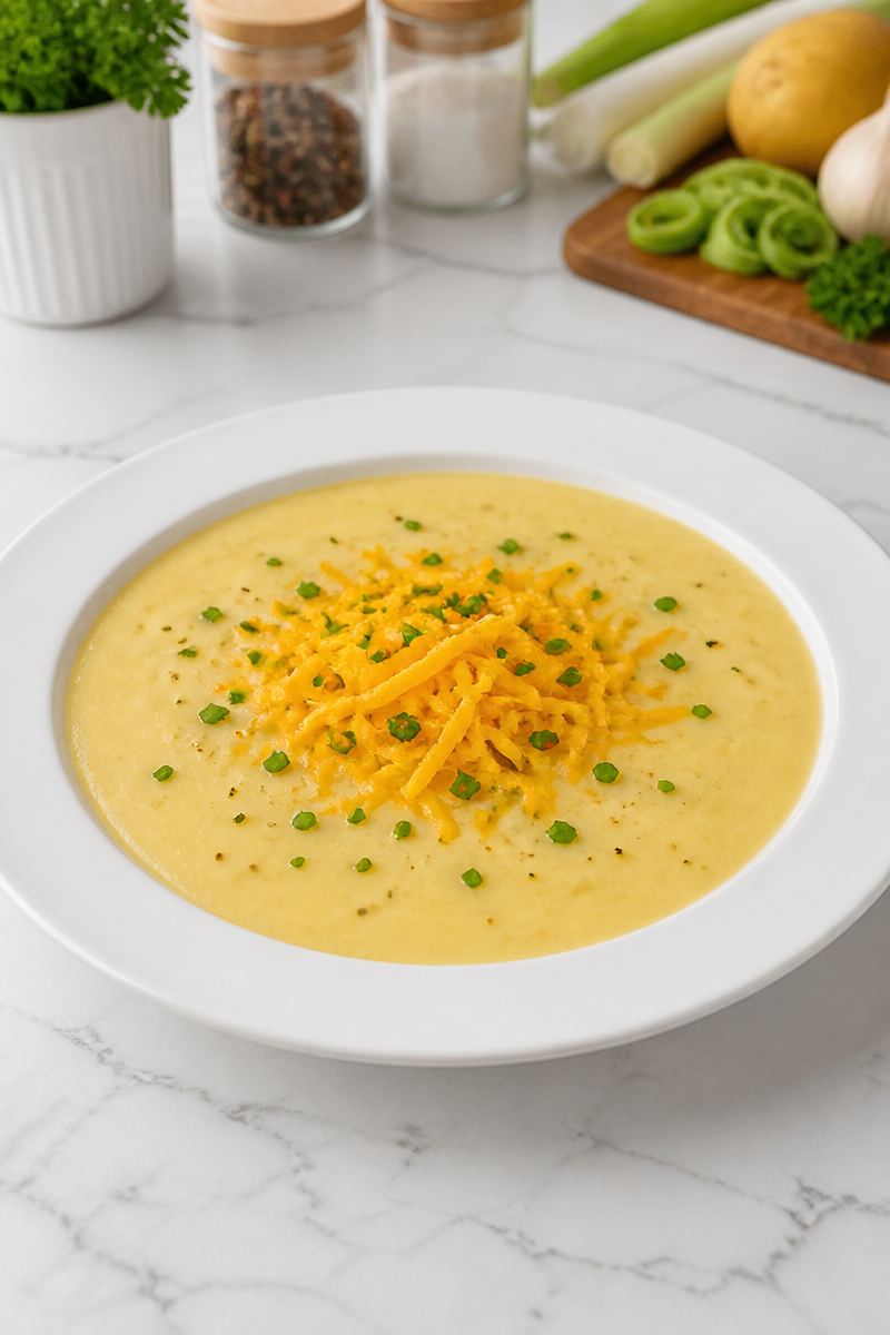 Creamy Potato and Leek Soup with Cheddar Cheese