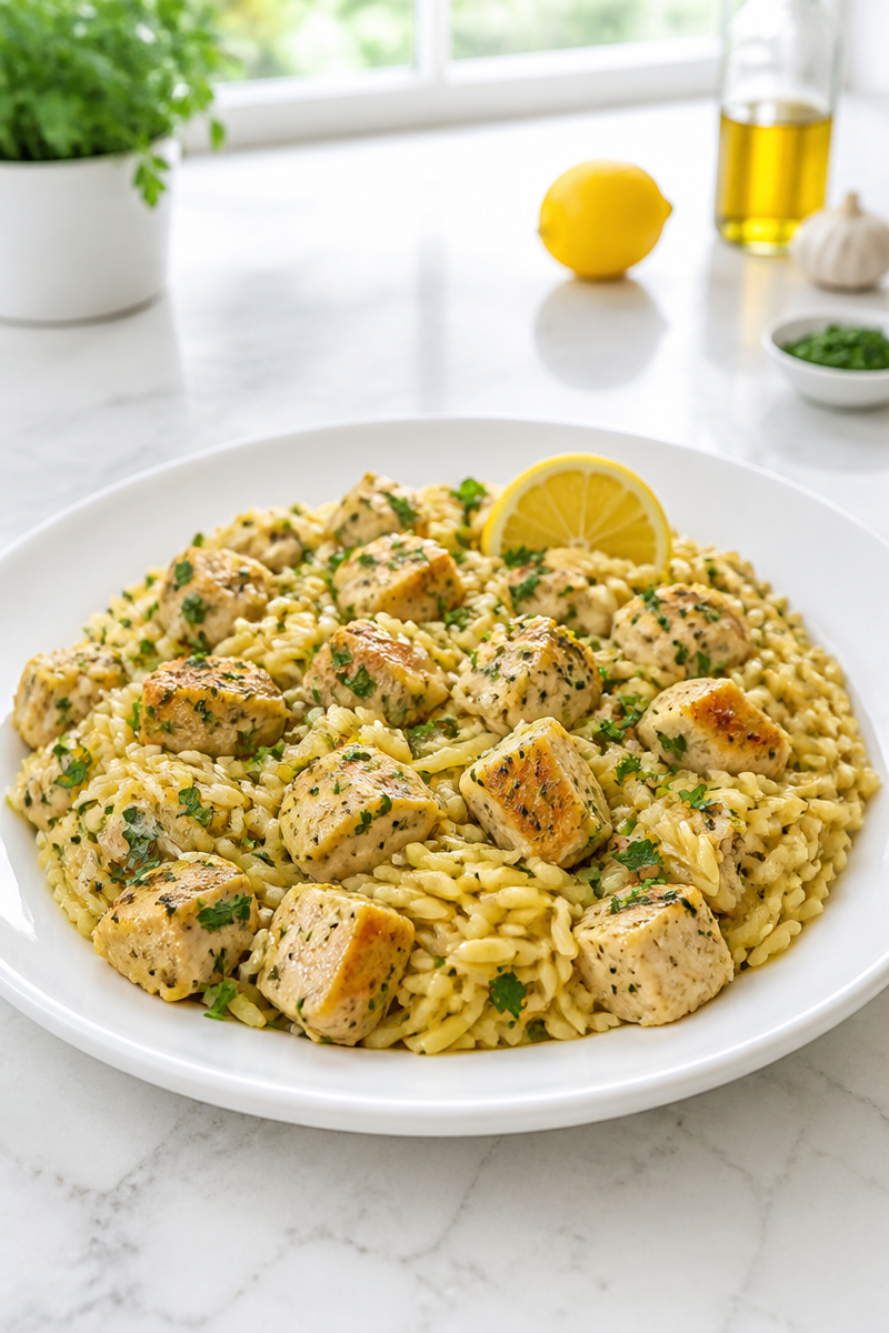 One-Pot Lemon Herb Chicken and Orzo Skillet