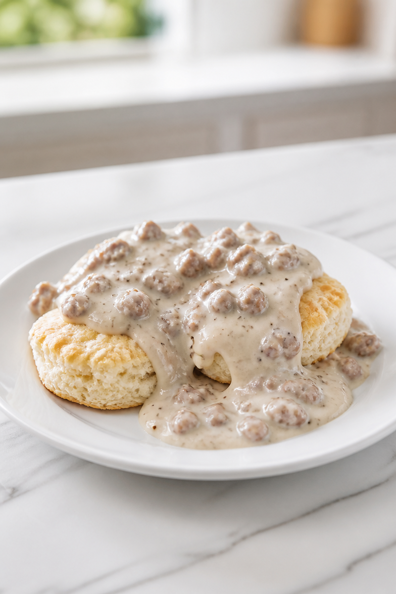 Homemade Buttermilk Biscuits with Sausage Gravy