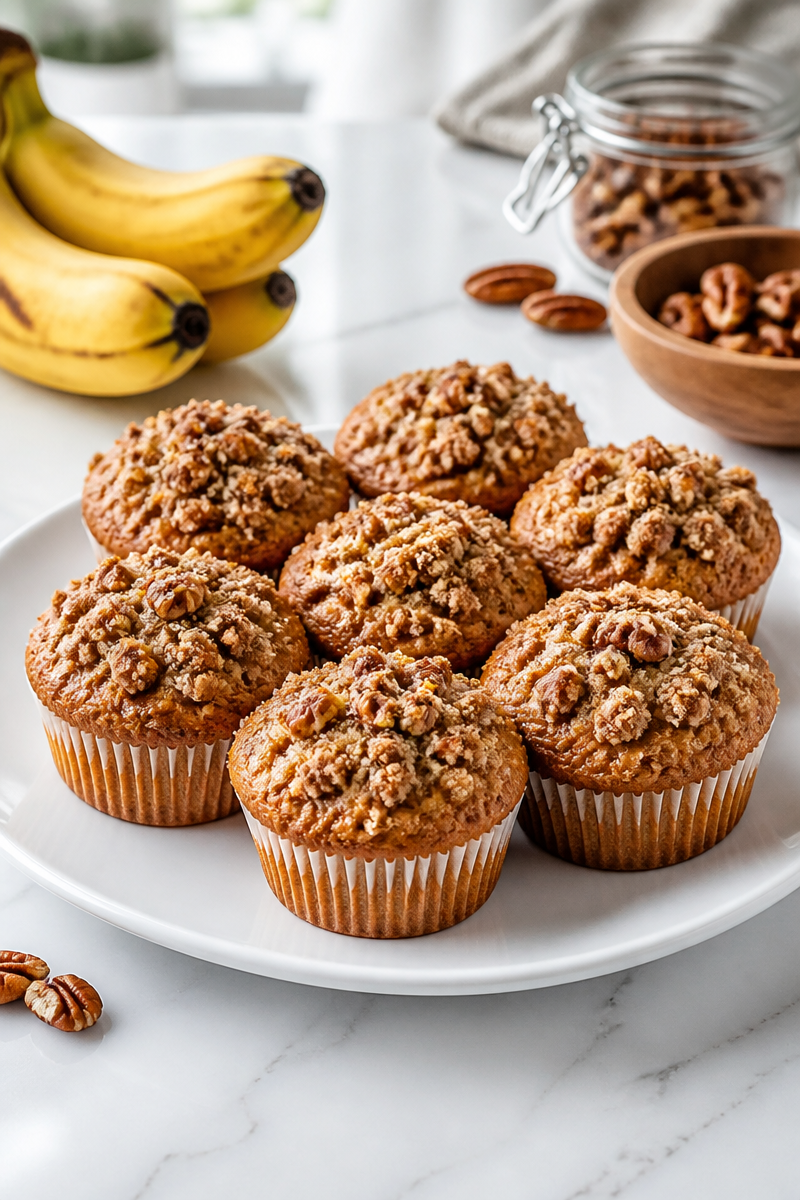 Fluffy Banana Nut Muffins with Pecan Streusel