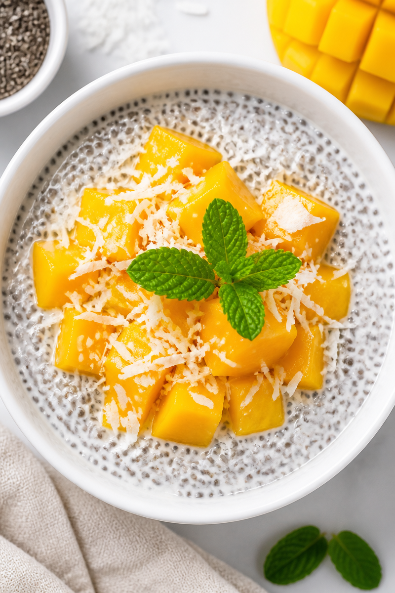 Healthy Chia Seed Pudding with Fresh Mango and Coconut