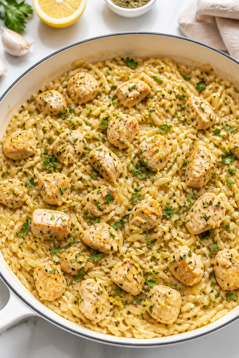 One-Pot Lemon Herb Chicken and Orzo Skillet