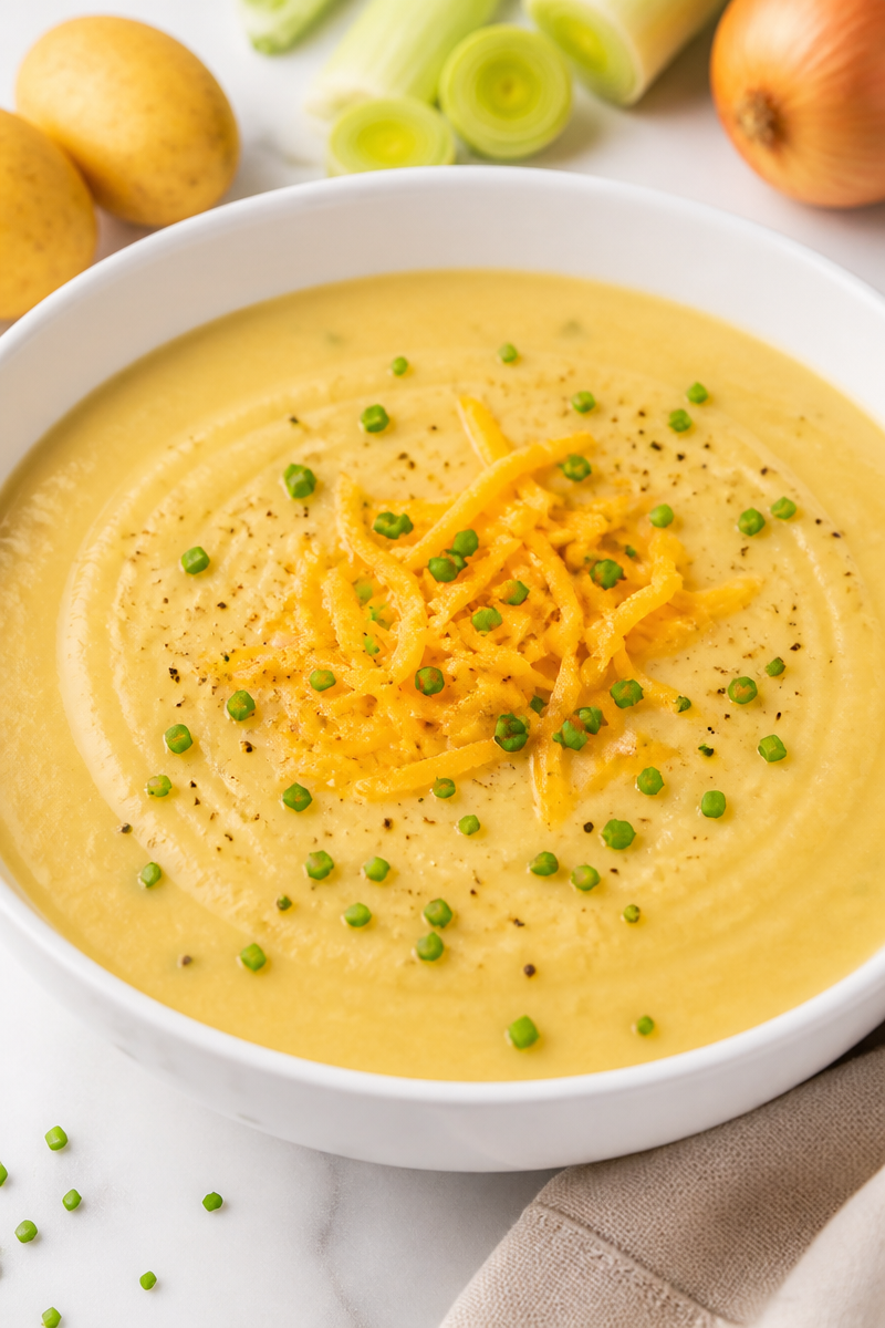 Creamy Potato and Leek Soup with Cheddar Cheese