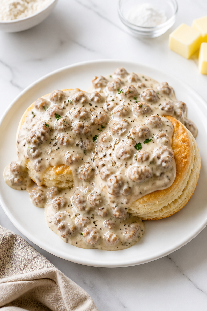 Homemade Buttermilk Biscuits with Sausage Gravy