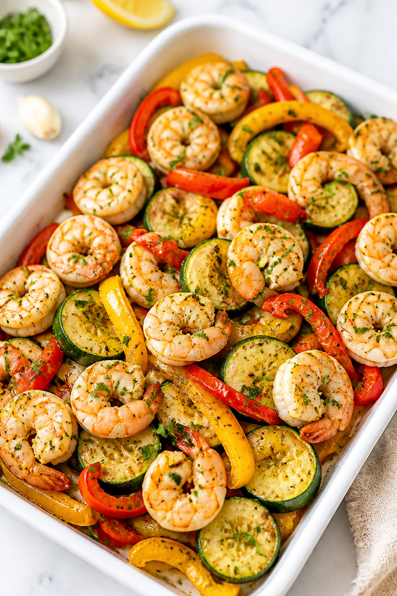 Sheet Pan Garlic Herb Shrimp with Zucchini and Bell Peppers