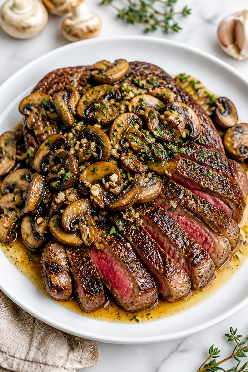 Juicy Garlic Butter Ribeye Steak with Mushrooms