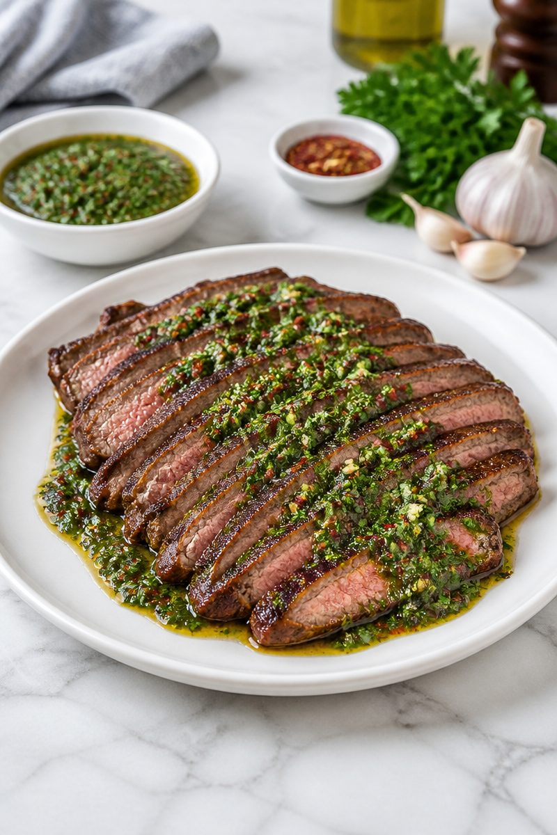 Juicy Garlic Butter Flank Steak with Chimichurri Sauce 5 Juicy Garlic Butter Flank Steak with Chimichurri Sauce