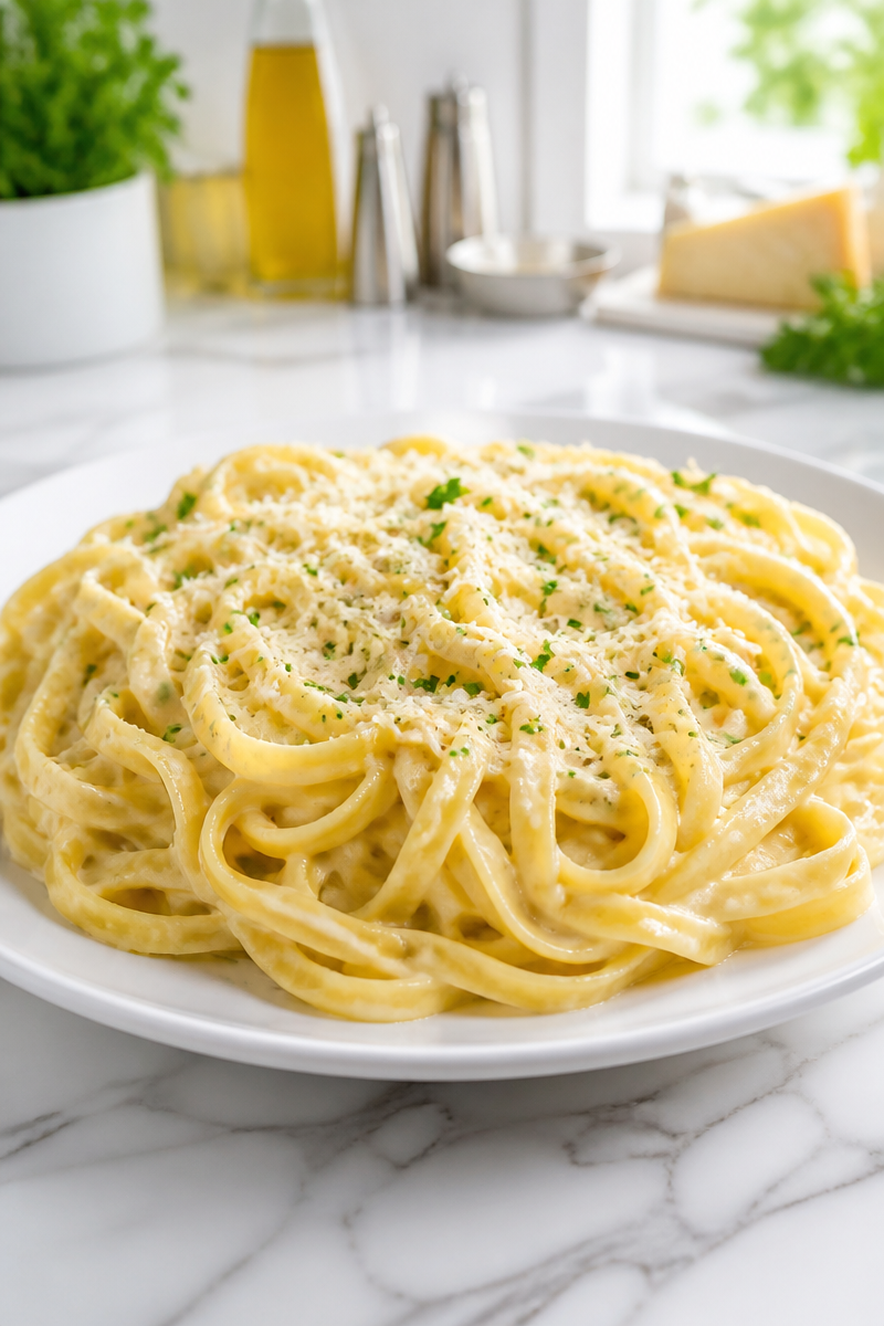 Homemade Creamy Alfredo Sauce with Fettuccine Pasta