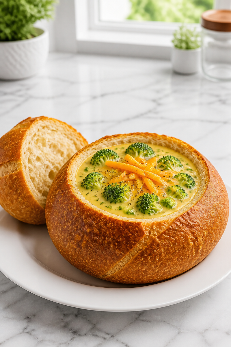 Creamy Broccoli Cheddar Soup in a Bread Bowl