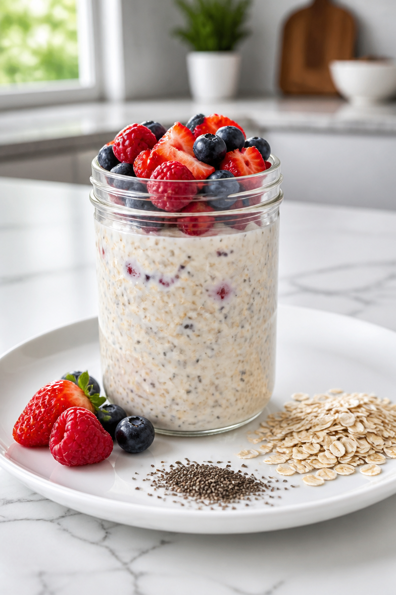 Healthy Overnight Oats with Fresh Berries and Chia Seeds