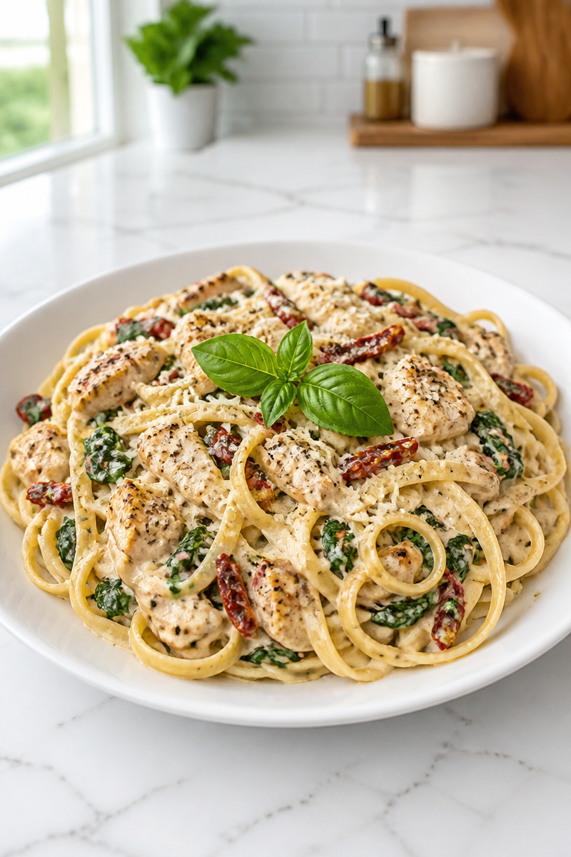 Creamy Tuscan Garlic Chicken Pasta with Sun-Dried Tomatoes