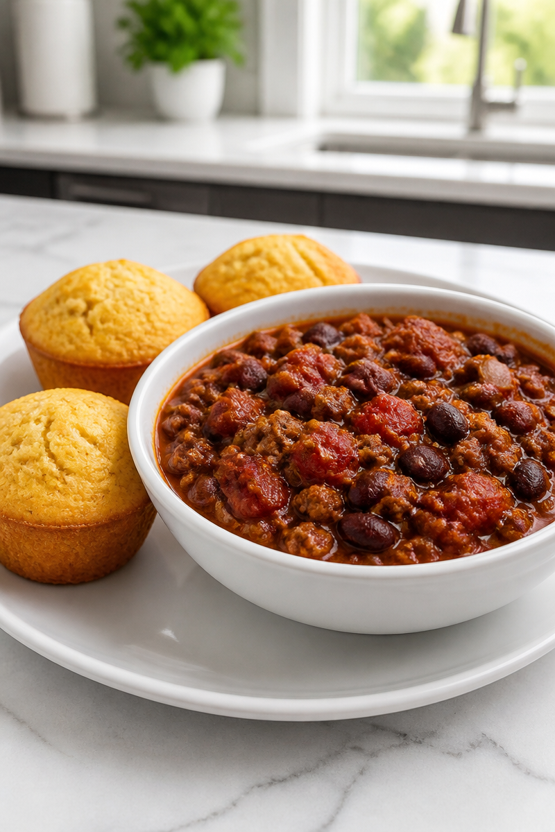 Classic Beef and Bean Chili with Cornbread Muffins