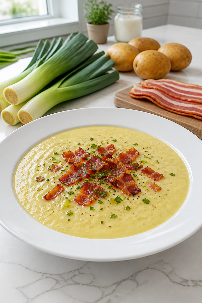Creamy Potato Leek Soup with Crispy Bacon Bits