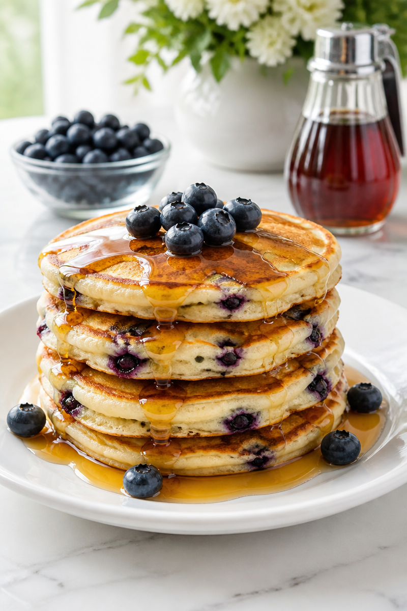 Fluffy Blueberry Pancakes with Maple Syrup Drizzle