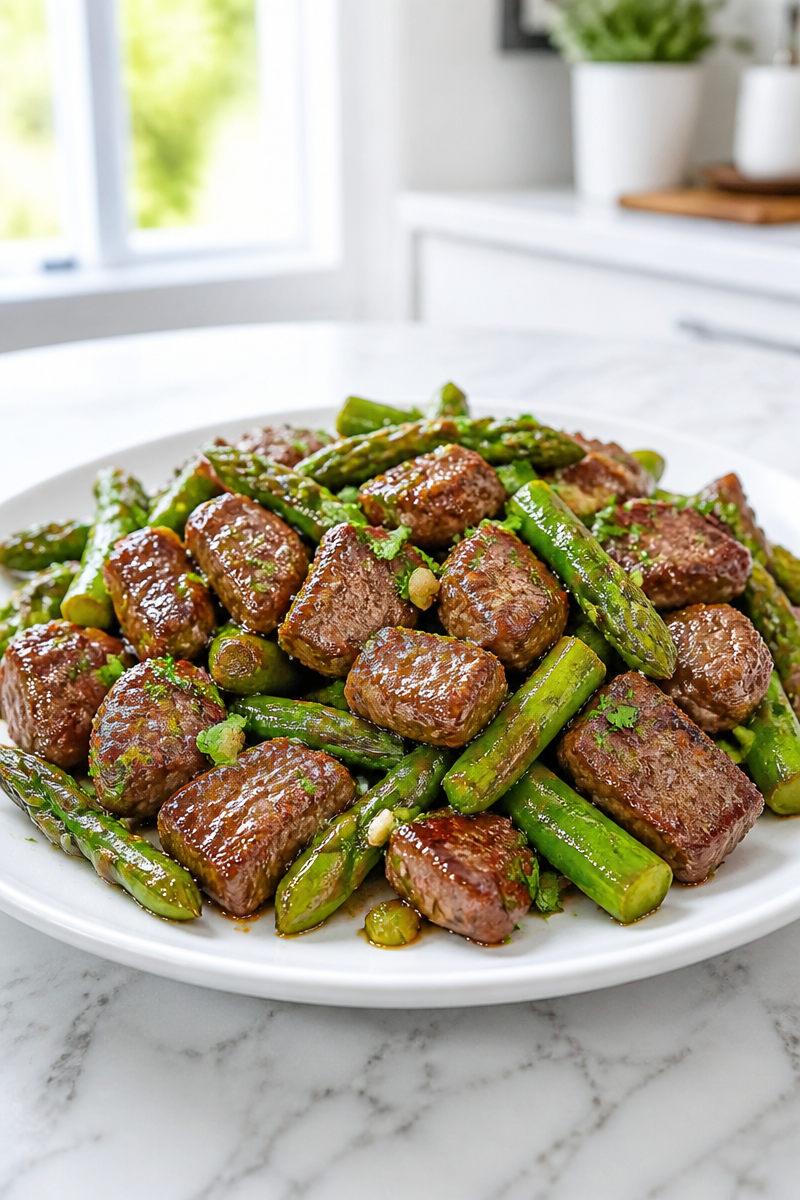 Juicy Garlic Butter Steak Bites with Asparagus