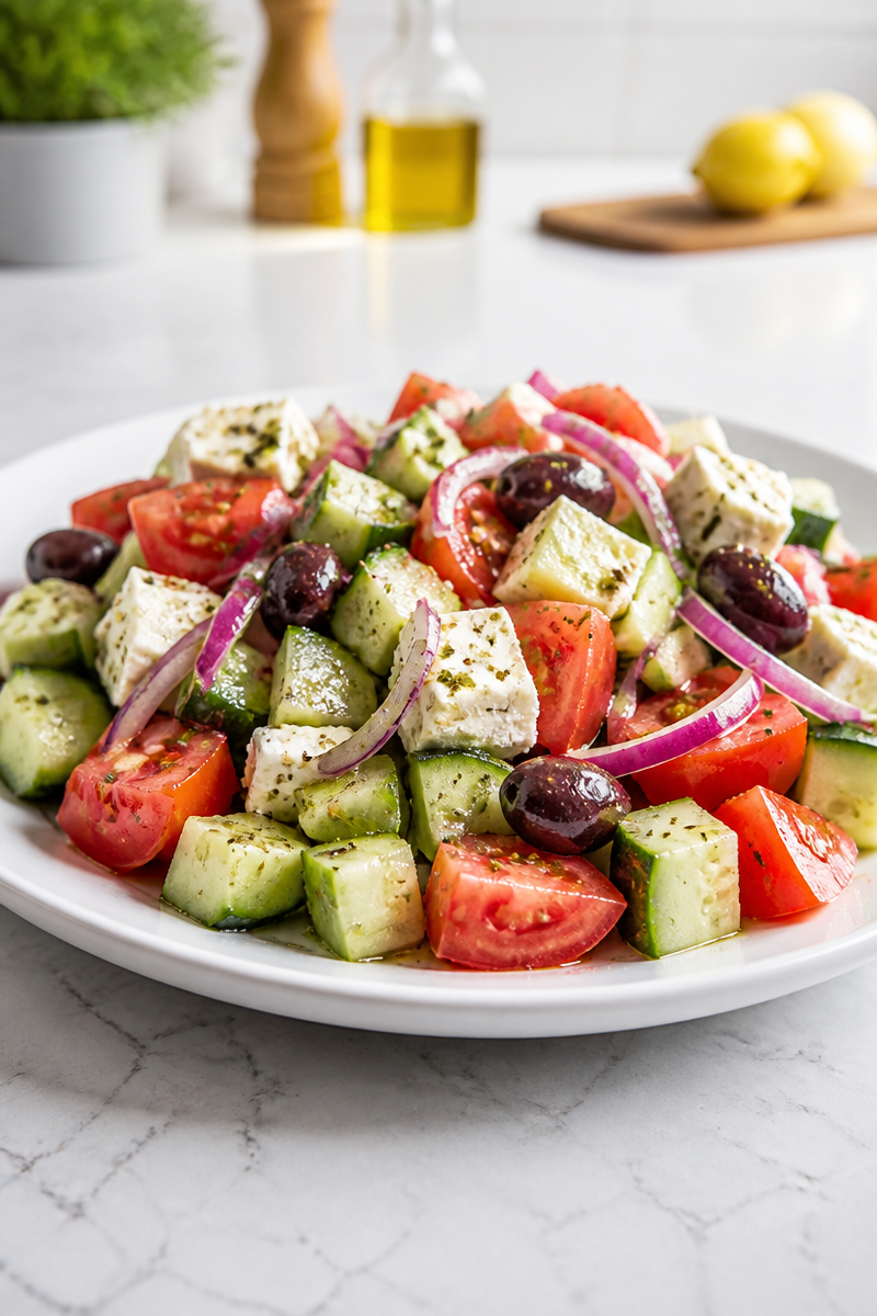Fresh Greek Salad with Cucumbers, Feta, and Olives