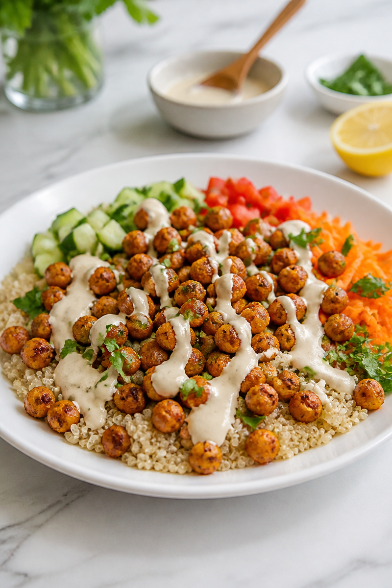 Healthy Quinoa Bowl with Roasted Chickpeas and Tahini