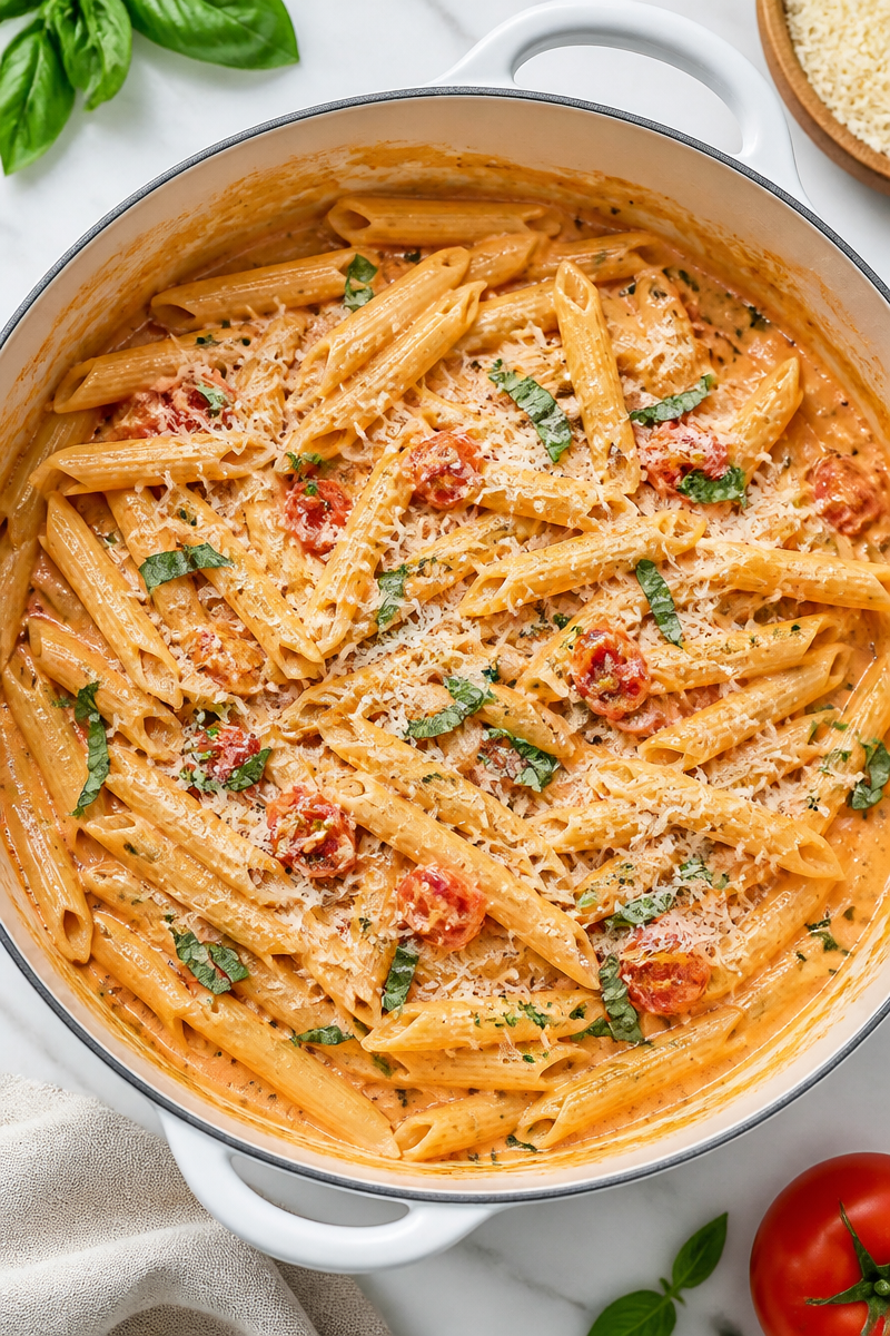 One-Pot Creamy Tomato Basil Pasta with Parmesan