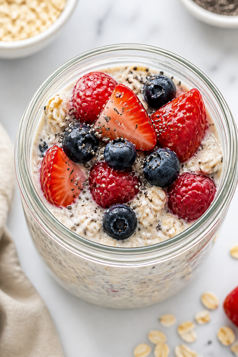 Healthy Overnight Oats with Fresh Berries and Chia Seeds