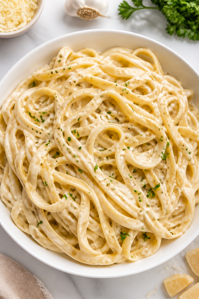 Homemade Creamy Alfredo Sauce with Fettuccine Pasta