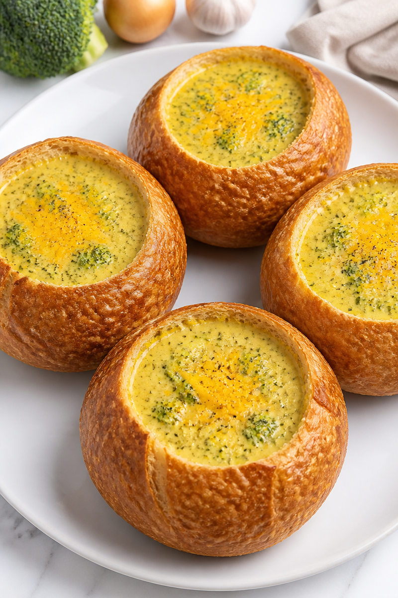 Creamy Broccoli Cheddar Soup in a Bread Bowl