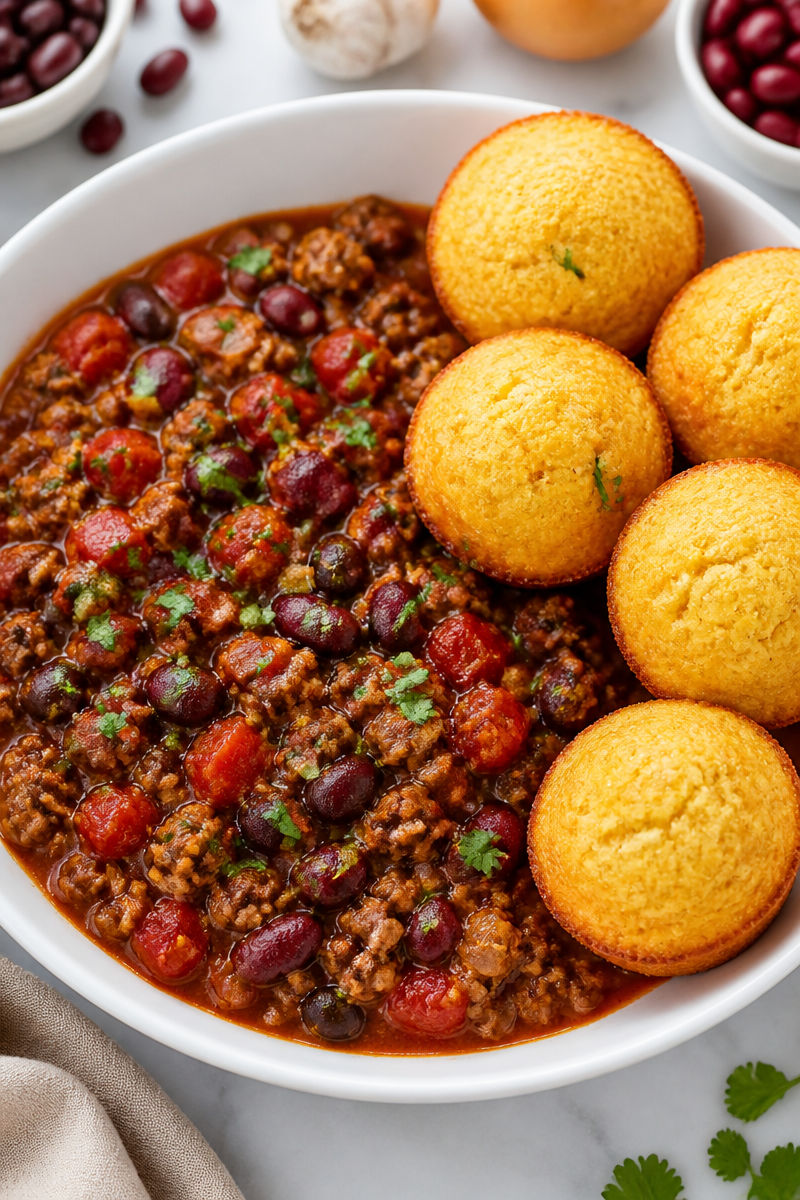 Classic Beef and Bean Chili with Cornbread Muffins