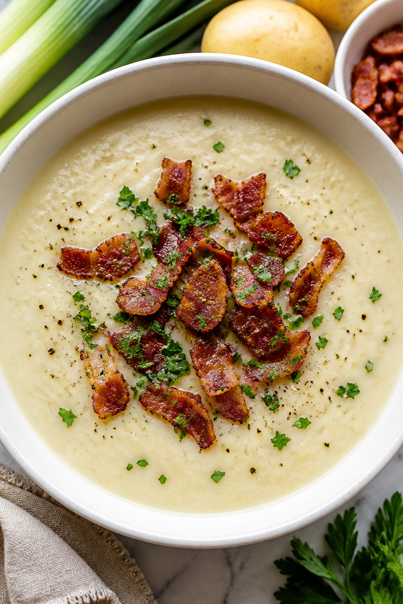 Creamy Potato Leek Soup with Crispy Bacon Bits