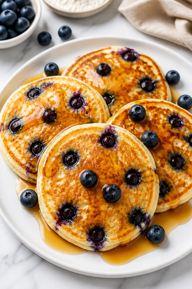 Fluffy Blueberry Pancakes with Maple Syrup Drizzle