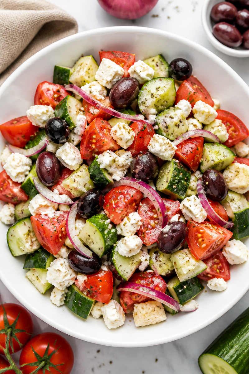 Fresh Greek Salad with Cucumbers, Feta, and Olives